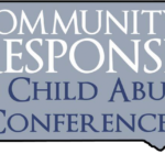 Outline of state of South Dakota with text Community Response to Child Abuse Conference