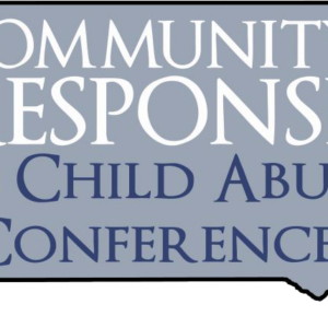 Outline of state of South Dakota with text Community Response to Child Abuse Conference