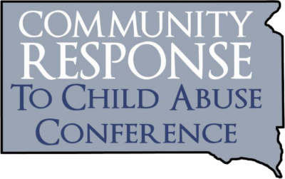 Outline of state of South Dakota with text Community Response to Child Abuse Conference